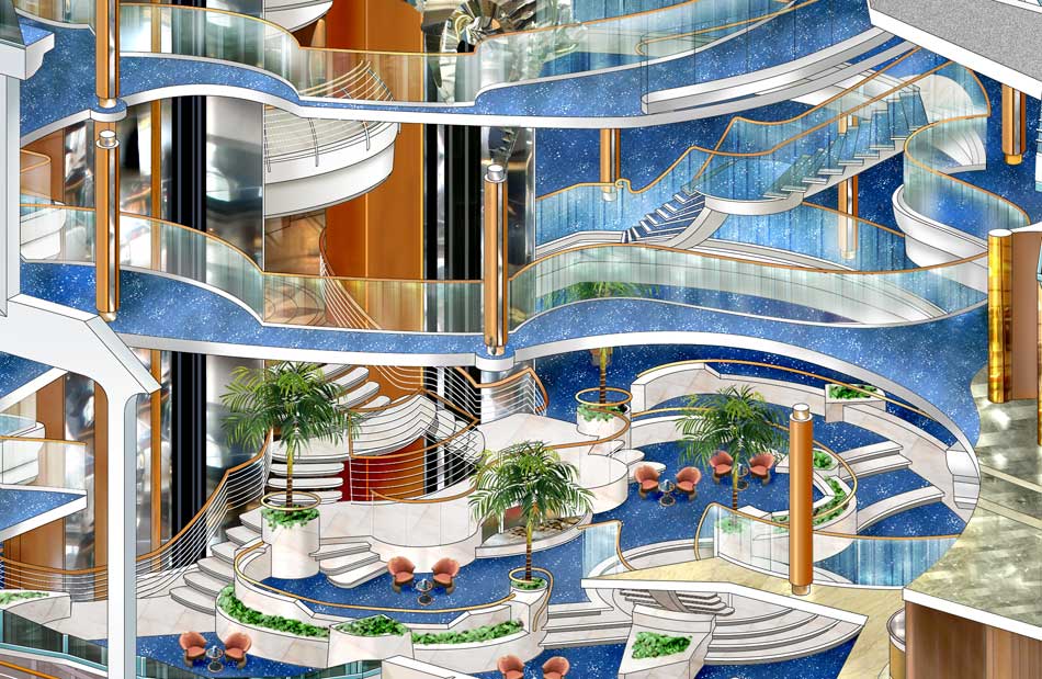 En este dibujo podemos apreciar la impresionante obra de ingenieria que es el Centrum del Vision of the Seas CRUCEROS ROYAL CARIBBEAN OFERTAS DESCUENTOS